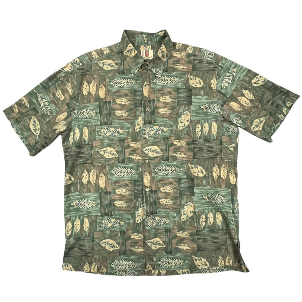 Tori‎ Richard Hawaiian Shirt Mens M Green Tan Floral 100% Cotton Lawn Aloha